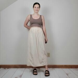 Vintage 70s 80s Silk Cotton Midi Prairie Skirt Beige Cream 36"